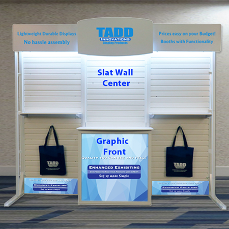 slat wall trade show booth with presentation display