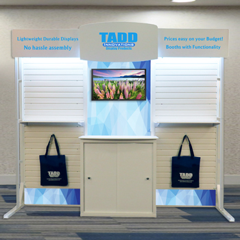 Trade show display booth with flat screen and slat wall