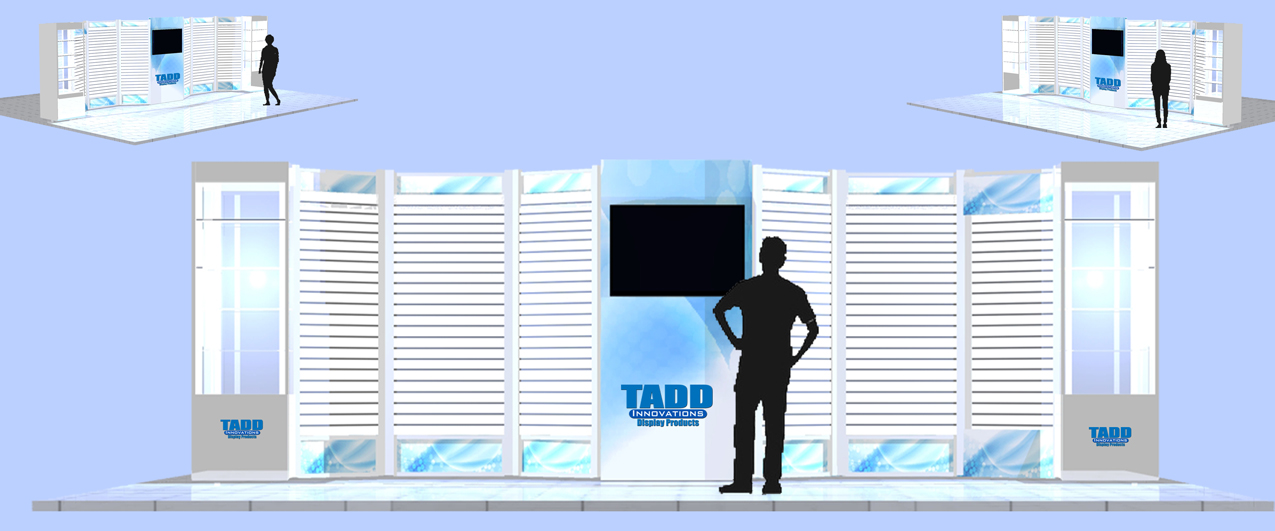 20 ft trade show display with showcases and slat wall