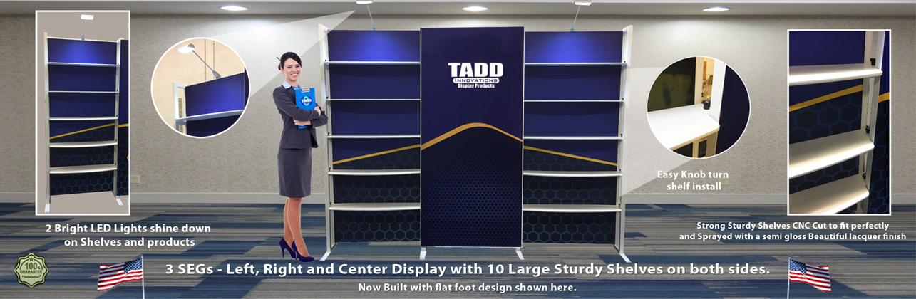 trade show booth with shelves and SEG graphics