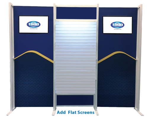 Trade show display with slat wall and flat screen